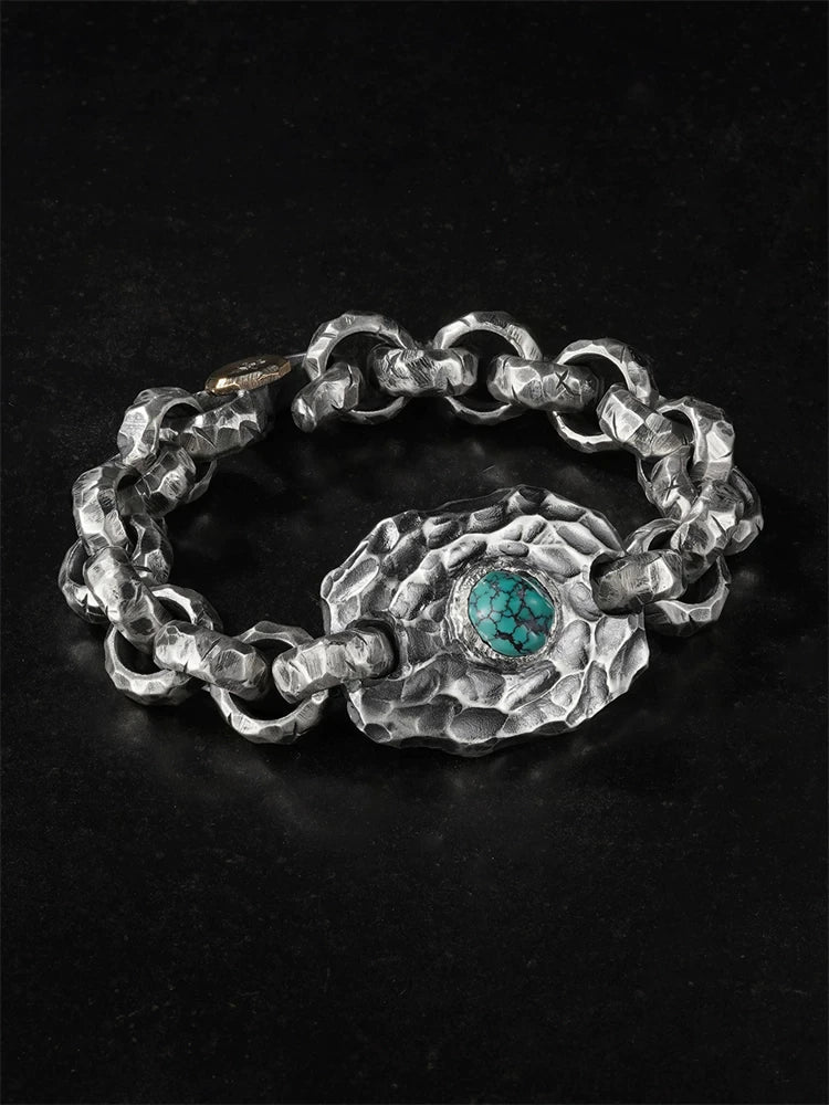 Turquoise Engraved 925 Silver Biker Bracelet product view 1