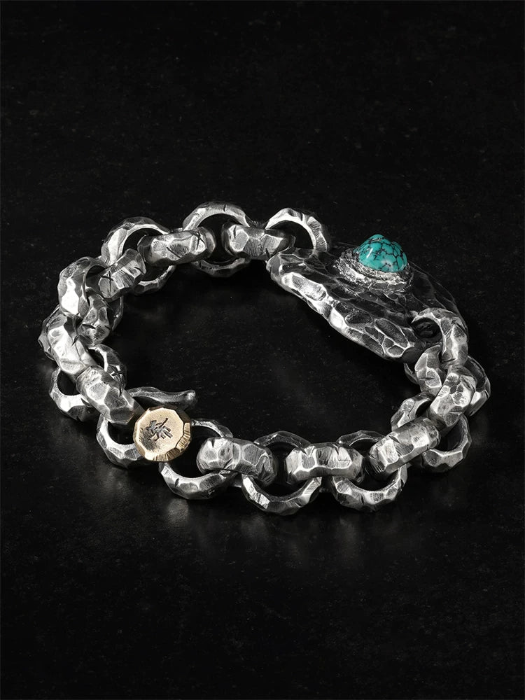 Turquoise Engraved 925 Silver Biker Bracelet product view 2