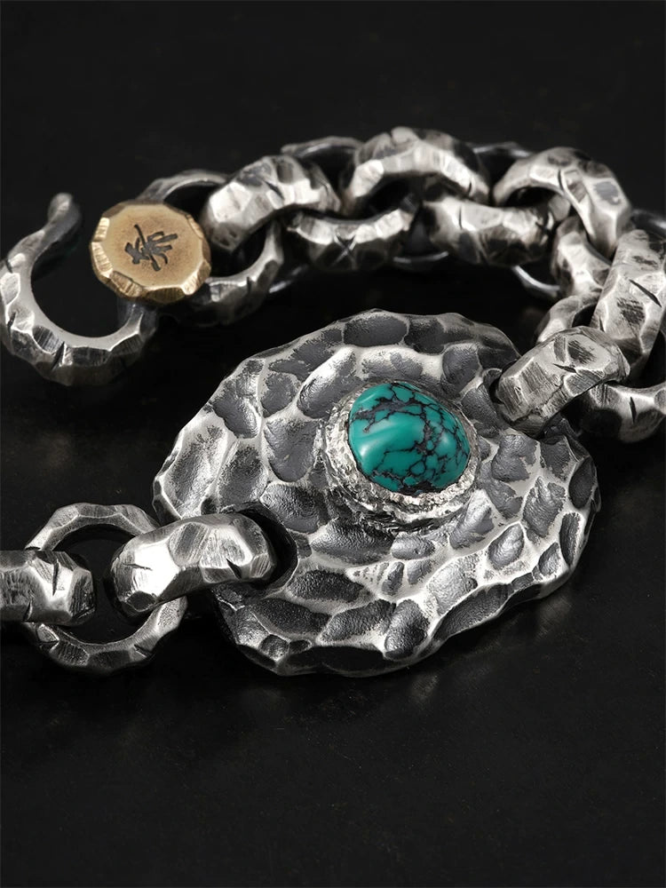 Turquoise Engraved 925 Silver Biker Bracelet product view 3