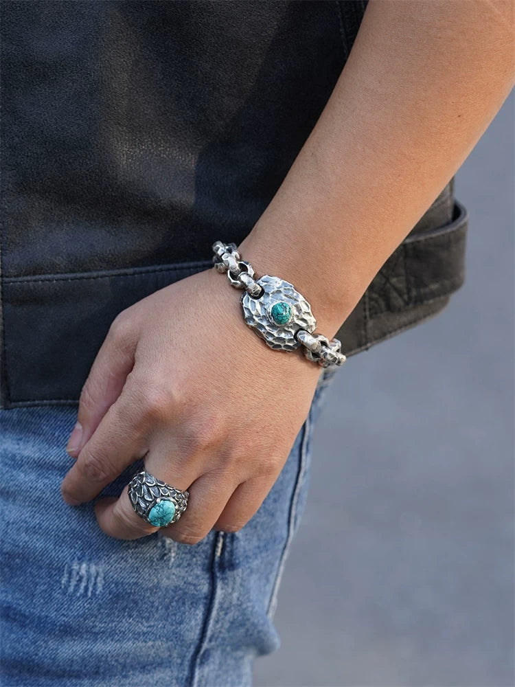 Turquoise Engraved 925 Silver Biker Bracelet product view 4