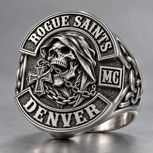 925 Sterling Silver designed from an authorized motorcycle club emblem in 925 Sterling Silver natural metal tones.