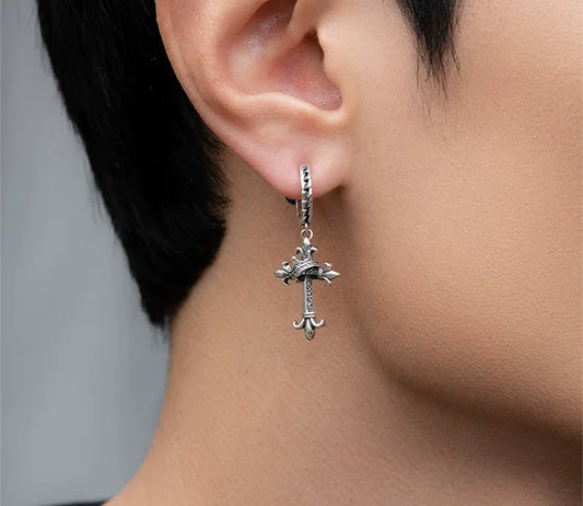 Sterling Silver Fleur-de-Lis Crown Cross Clip-On Earrings for Bikers - view 1