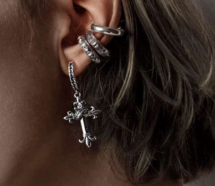 Sterling Silver Fleur-de-Lis Crown Cross Clip-On Earrings for Bikers - view 3