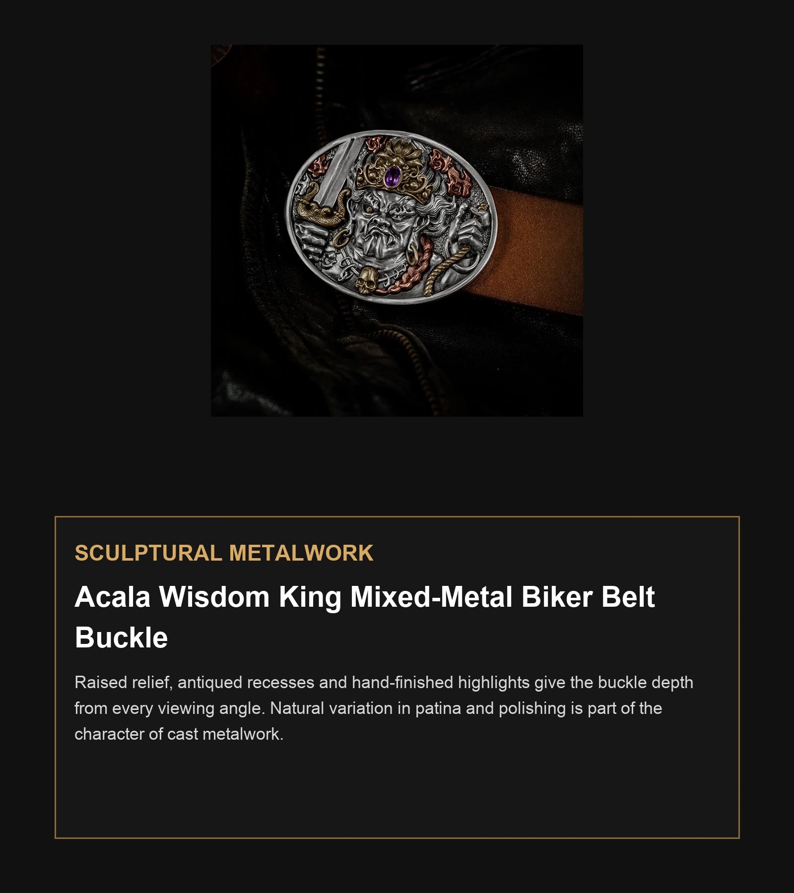 Acala Wisdom King Mixed-Metal Biker Belt Buckle craftsmanship guide in English