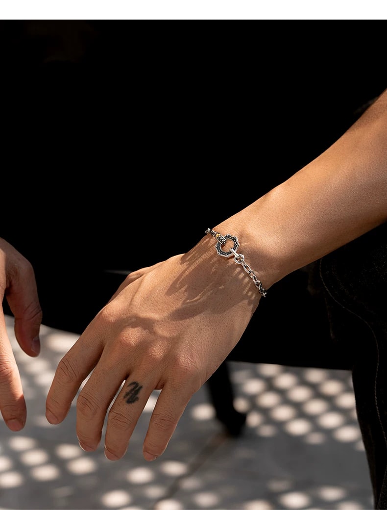 Adjustable Dragon Scale Sterling Silver Bracelet – wrist and design view 4