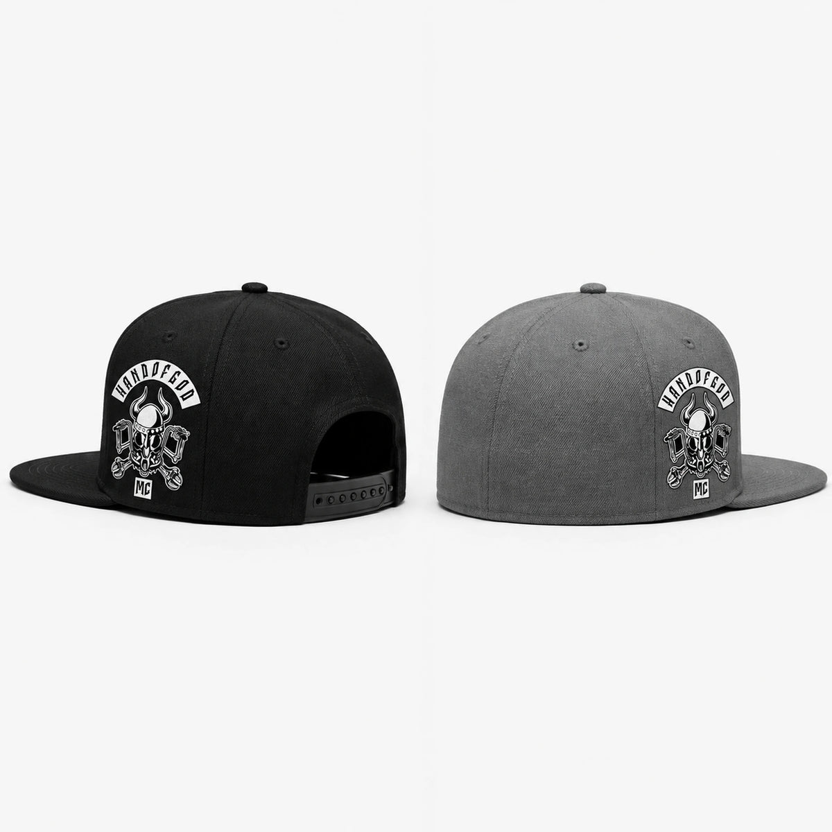 Two motorcycle club flat-brim caps compare a snapback adjustment with a fitted construction.