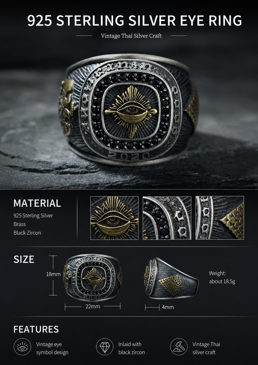 All-Seeing Eye Sterling Silver Biker Ring - English product detail 7