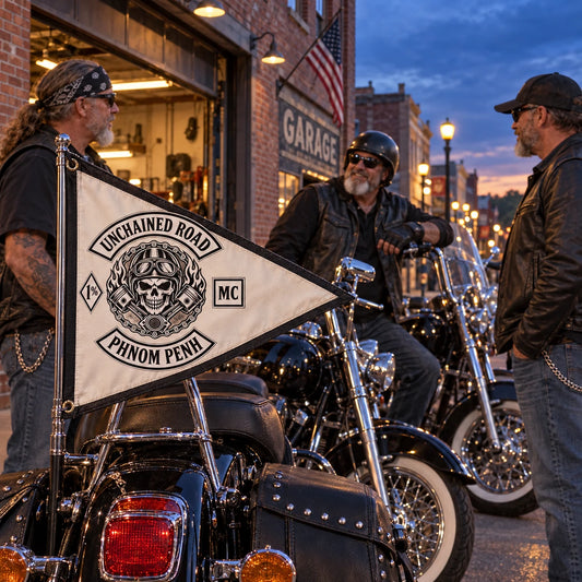 Heritage-cruiser riders display a custom motorcycle club triangle flag outside a roadside diner at blue hour.