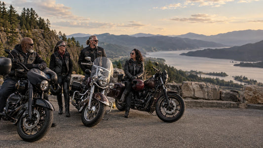 American V-twin riders gathering for a motorcycle club ride beside complete motorcycles.