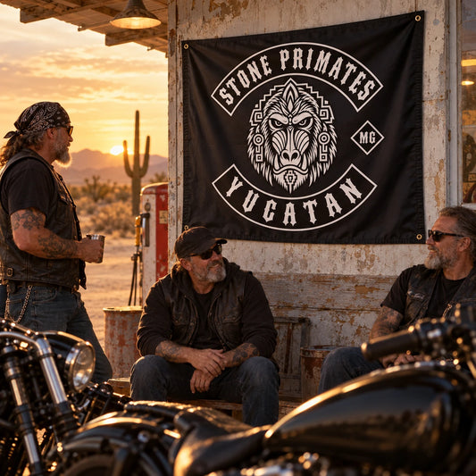 Motorcycle club members use a custom rectangular flag for made for motorcycle culture in a realistic American V-twin setting.