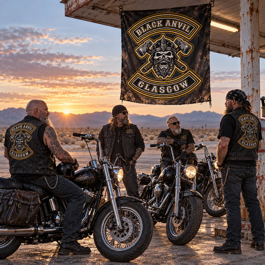 Seasoned American V-twin riders stand beneath a custom club flag at a desert service station at dawn.