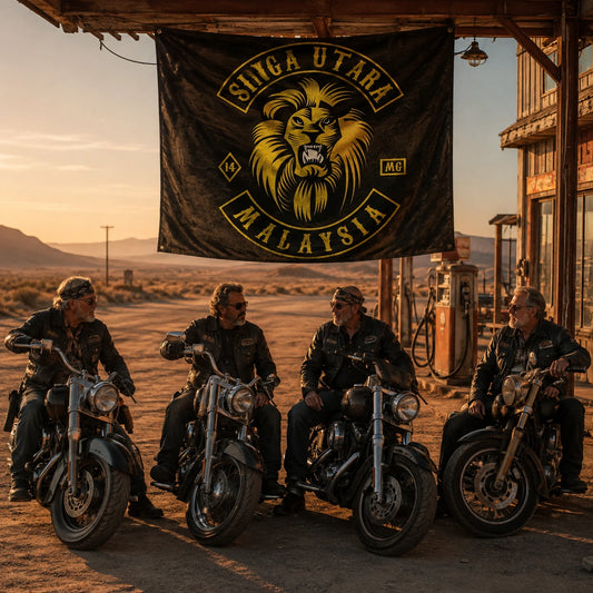 Seasoned American V-twin riders stand beneath a custom club flag at a desert service station at dawn.