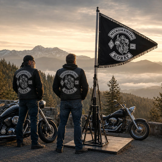 Two American V-twin riders stand at a mountain turnout beside their custom motorcycle club triangle flag.