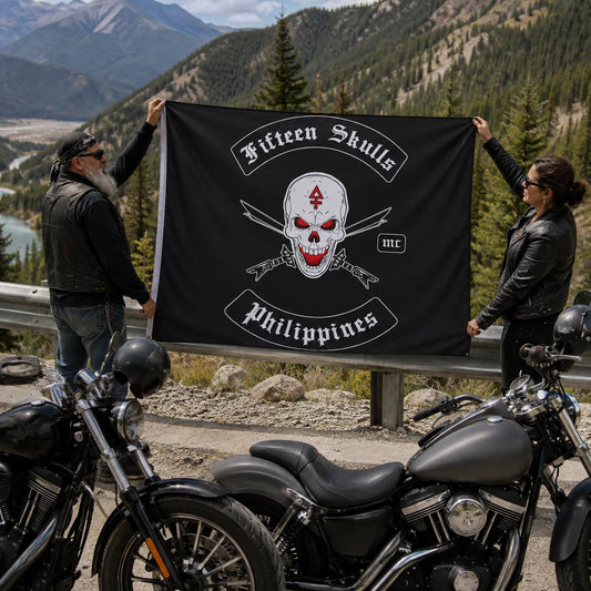 Mature American V-twin riders hold a custom motorcycle club triangle flag at a desert service station.