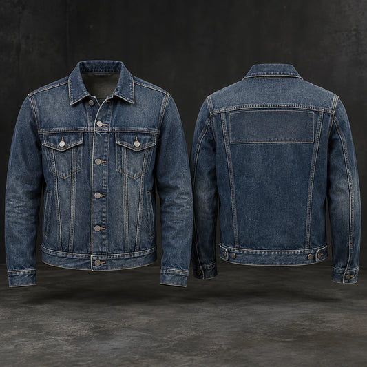 Vintage-blue motorcycle club denim jacket prepared for an approved anniversary detail.