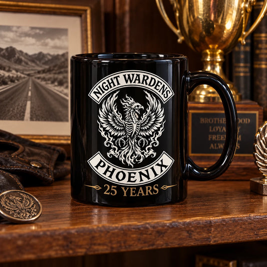 Complete premium black ceramic anniversary mug carrying the club emblem and a tasteful 25 YEARS commemorative detail, displayed on a clubhouse trophy shelf.