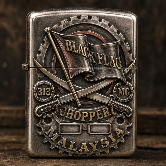 Anniversary lighter with authorized motorcycle club emblem and milestone number