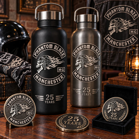 refined milestone event display with matte logo bottles and metallic year accents for a motorcycle club.