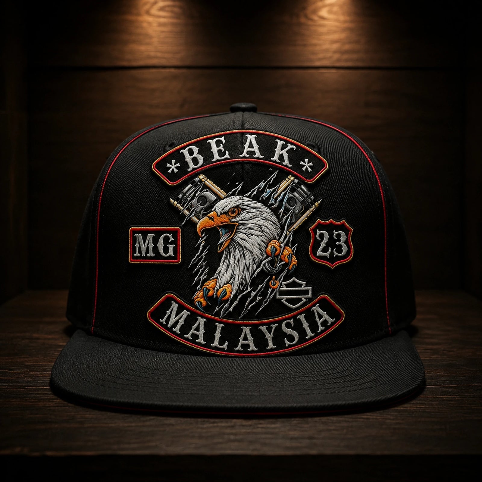 A limited-edition motorcycle club flat-brim cap presents a black-and-gold commemorative color treatment.