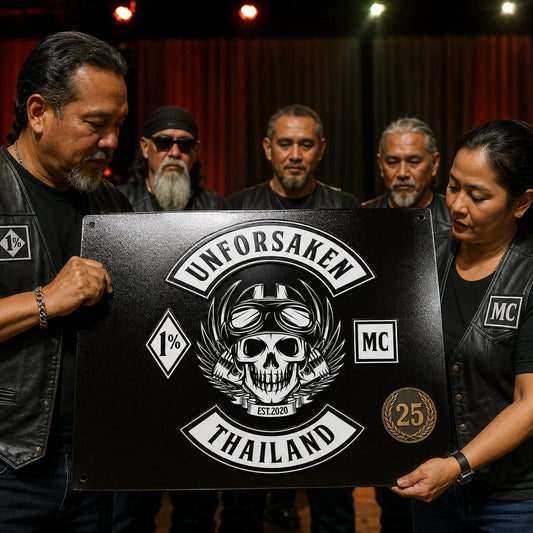 Custom motorcycle club anniversary metal sign presented during a chapter milestone celebration.