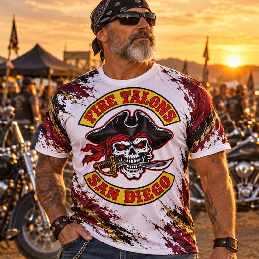 Custom full-print performance shirt designed for a motorcycle club anniversary rally.