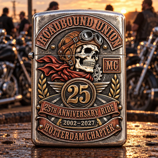 Roadbound Union custom motorcycle club lighter displaying a 25th anniversary ride, 2002–2027 years and Rotterdam chapter.