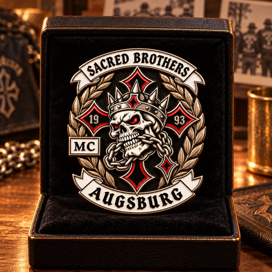 Sacred Brothers Augsburg custom anniversary pin with raised founding-year detail