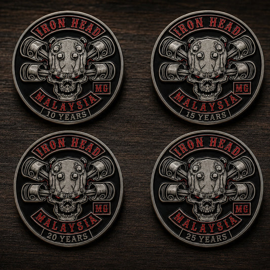 Coordinated anniversary motorcycle club pin in an antique metal finish.