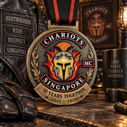 Club anniversary weekend presentation with antique-brass milestone medal. Custom motorcycle club medal.