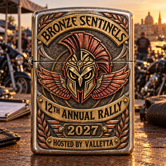 Bronze Sentinels custom motorcycle club lighter displaying an annual rally title, year and Valletta host chapter at a rally registration table.