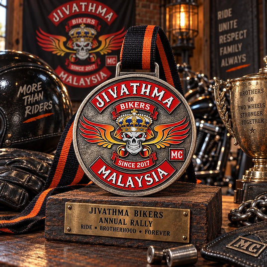 Annual motorcycle club rally award table with solid medal and approved logo. Custom motorcycle club medal.