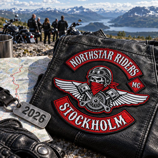 Custom motorcycle club event patch featuring the northstar riders stockholm logo for annual run, route and year.