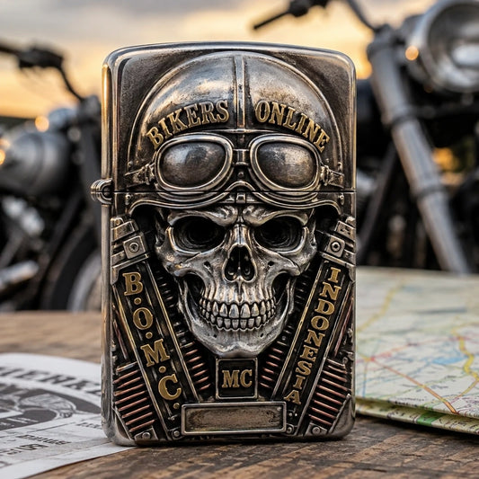 Annual motorcycle club rally lighter with authorized host emblem