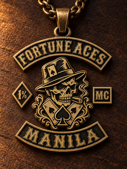 Antique solid brass Fortune Aces motorcycle club pendant.