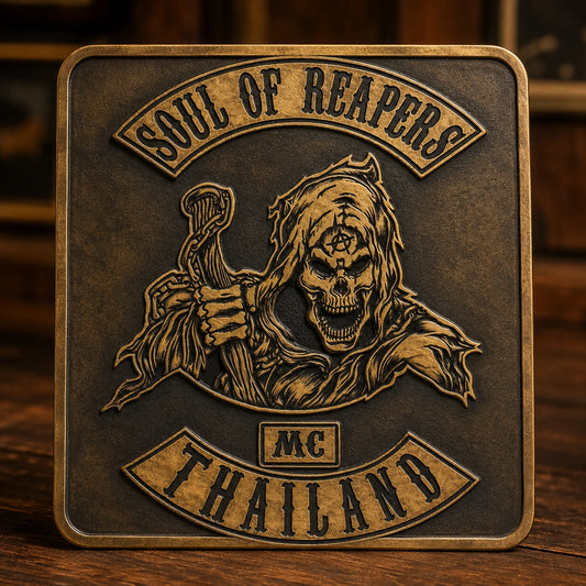 Antique-look motorcycle club metal sign designed for a heritage clubhouse display.