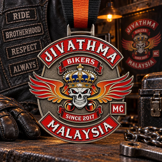 Solid medal finish board emphasizing antique silver, gunmetal, antique brass and antique copper. Custom motorcycle club medal.