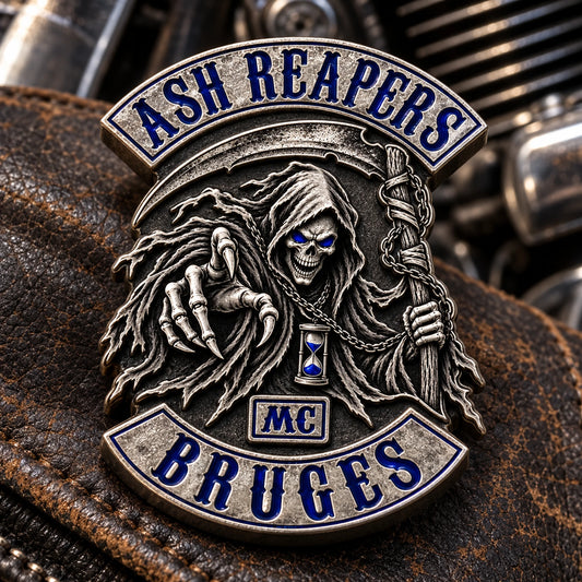 Ash Reapers Bruges antique 3D metal pin with selective blue enamel accents