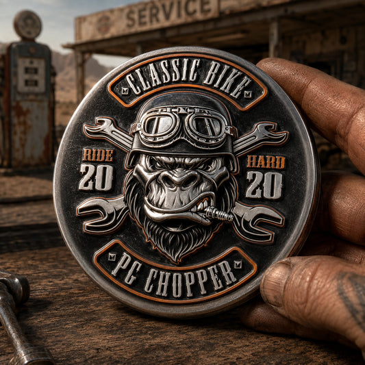 Antique 3D motorcycle club pin with selective enamel color accents