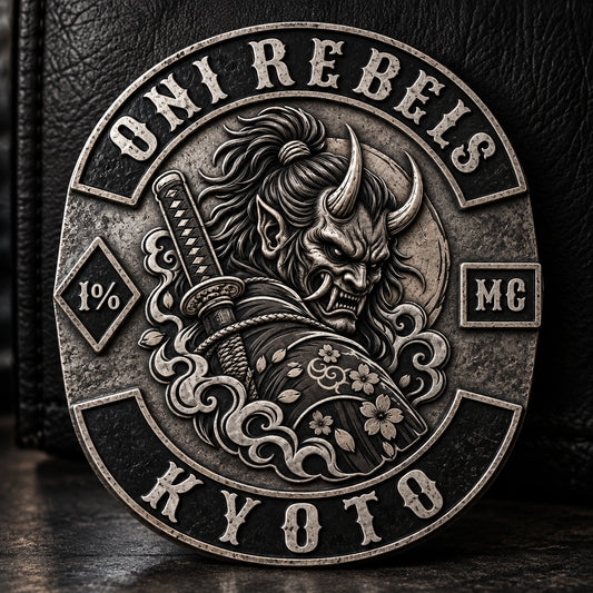 Antique silver motorcycle club plaque with dark oxidized recesses against a black clubhouse wall.
