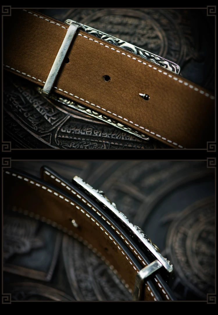 Antler Engraved White Copper Buckle Suede Leather Biker Belt – Handmade construction detail