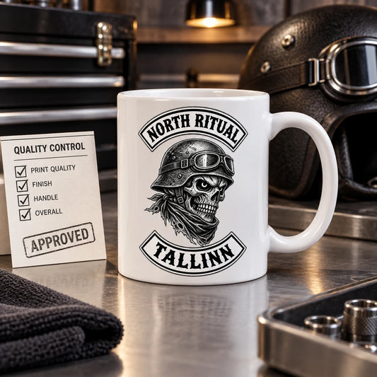 Complete production sample mug with club emblem centered in a clean quality-control station beside a checked approval card, no hands.