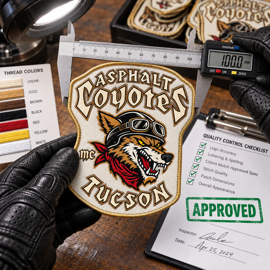 Custom motorcycle club event patch featuring the asphalt coyotes tucson logo for physical sample approval.