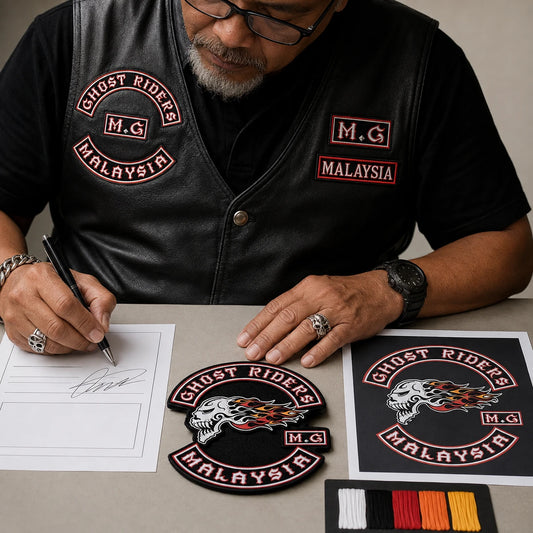 Motorcycle club representative approving the prepared back patch proof and embroidery sample before production.