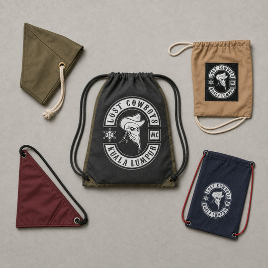 A chapter organizer approves the material, cords and artwork for a custom club drawstring bag.