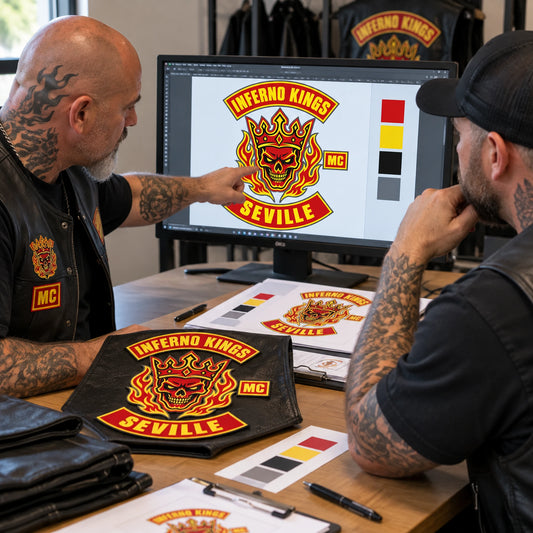 Physical sample and digital proof checked for title and color for a motorcycle club, shown at digital proof review station.