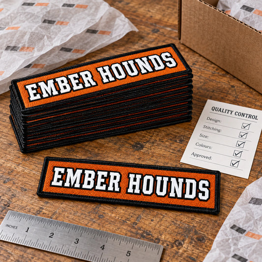Approved motorcycle club name-bar sample beside a neatly packed complete chapter order ready for worldwide shipping, showing custom motorcycle club name bar patch options.