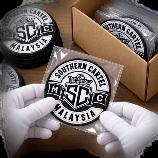Finished motorcycle memorial patches inspected and packed for worldwide shipping.