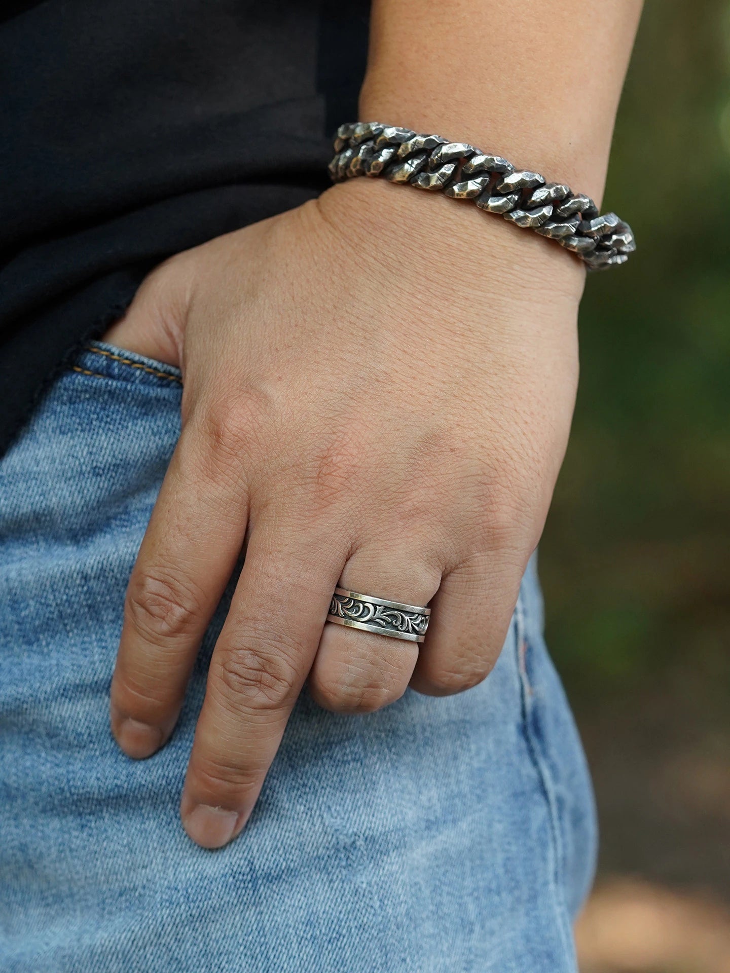 Arabesque Scroll 925 Sterling Silver Biker Band - view 5