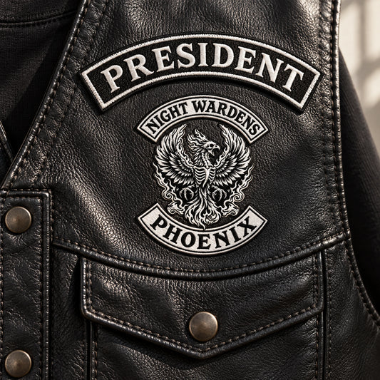 Arched patch following the pocket line for a motorcycle club, shown at leather cut with curved pocket seam.