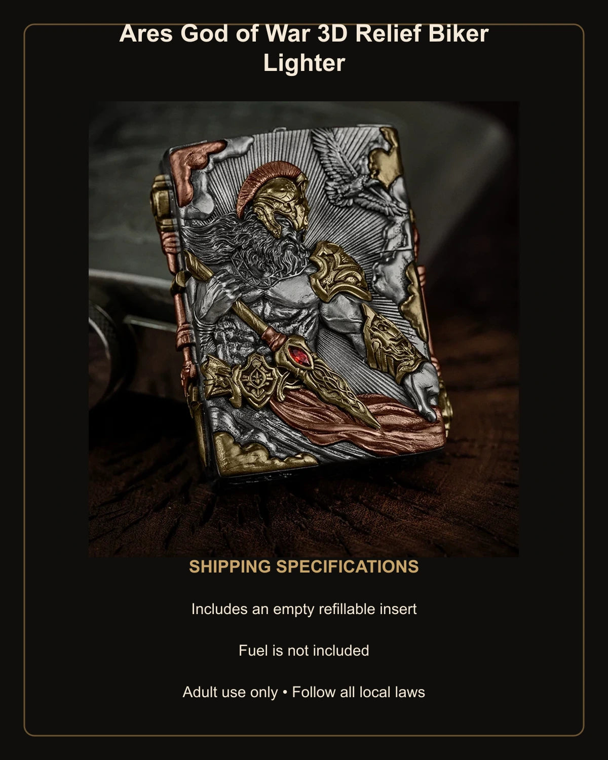 Ares God of War 3D Relief Biker Lighter – empty refillable insert included and no fuel supplied